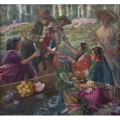 Antonio Gómez Rodríguez, Fiesta en Xochimilco, ca. 1930, Óleo sobre tela