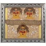Rodolfo Morales, Caritas, Collage de textiles, papeles, imágenes y aplicaciones de listones sobre papel con marco de hojalata repujado