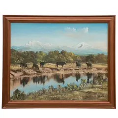 Carlos Pelestor, TOROS ABREVANDO, Óleo sobre masonite