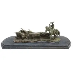 Encierro, MÉXICO, SIGLO XX, Bronce, patinado en color verde; con base de mármol negro