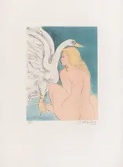 Raúl Anguiano, Leda y el cisne, 2003, Grabado aguafuerte y aguatinta 95 / 100