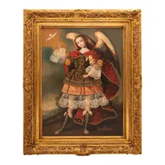 San Gabriel, ESCUELA CUZQUEÑA, SIGLO XX, Óleo sobre tela adherido a tablero