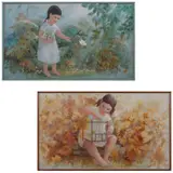 Augusto Elias da Silva, A) Niña con jaula y B) Niña con mariposa, Óleo sobre tela