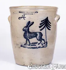 F. Stetzenmeyer, Extremely Rare F. STETZENMEYER / ROCHESTER Stoneware Jar w/ Elaborate Slip-Trailed Rabbit Decoration, circa 1855, Stoneware