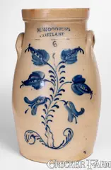 M. Woodruff, Fine Six-Gallon M. WOODRUFF / CORTLAND, New York Stoneware Churn w/ Elaborate Flowering Plant Decoration, circa 1867-1869, Stoneware