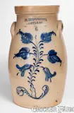 M. Woodruff, Fine Six-Gallon M. WOODRUFF / CORTLAND, New York Stoneware Churn w/ Elaborate Flowering Plant Decoration
