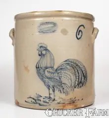 J. Burger Jr, Extremely Rare and Important 6 Gal. J. BURGER JR. / ROCHESTER, NY Stoneware Crock w/ Elaborate Rooster, circa 1880-1885, Stoneware