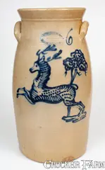 J. Burger Jr, Exceptional 6 Gal. J. BURGER JR. / ROCHESTER, NY Stoneware Churn w/ Elaborate Slip-Trailed Deer Design, circa 1885, Stoneware