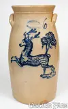 J. Burger Jr, Exceptional 6 Gal. J. BURGER JR. / ROCHESTER, NY Stoneware Churn w/ Elaborate Slip-Trailed Deer Design