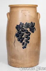 A. K. Ballard, 4 Gal. A. K. BALLARD / BURLINGTON, VT Stoneware Grapes Churn, circa 1867-1874, Stoneware