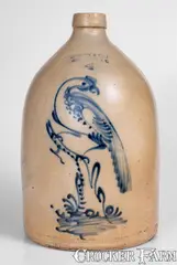 Fine 4 Gal. SATTERLEE & MORY / FORT EDWARD, N.Y. Stoneware Jug w/ Elaborate Pheasant on Stump by Satterlee & Mory, circa 1865, Stoneware, sold Mar 2023