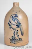 Satterlee & Mory, Fine 4 Gal. SATTERLEE & MORY / FORT EDWARD, N.Y. Stoneware Jug w/ Elaborate Pheasant on Stump, circa 1865, Stoneware