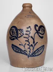 J. MANTELL / PENN YAN Stoneware Jug w/ Elaborate Slip-Trailed Decoration by J Mantell, circa 1860, Stoneware, sold Mar 2023