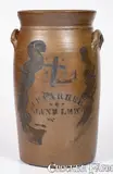 J. P. Parker, Scarce 4 Gal. J. P. PARKER / JANE LEW, WV Stoneware Churn w/ Stenciled Cross and Stars, circa 1870, Stoneware
