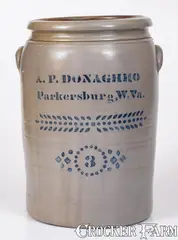 A.P. Donaghho, 3 Gal. A. P. DONAGHHO / PARKERSBURG, West Virginia Stoneware Crock, circa 1880, Stoneware