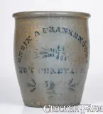 Eneix & Frankenberry, 2 Gal. Stoneware Cream Jar Stenciled ENEIX & FRANKENBERRY / NEW GENEVA, PA, circa 1875, Stoneware
