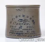 Herbert Behrens, H. F. BEHRENS / WHEELING, W. VA Stoneware Advertising Cake Crock, circa 1875, Stoneware