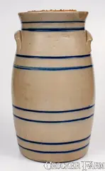 Whites, 5 Gal. WHITES / UTICA, NY Stoneware Churn w/ Striped Decoration, circa 1865, Stoneware