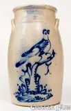 Very Rare Three-Gallon J. & E. NORTON / BENNINGTON, VT Stoneware Churn w/ Cobalt Bird-on-Stump Design by J. & E. Norton, circa 1855, Stoneware, sold Nov 2022