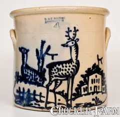 J. & E. Norton, Rare and Fine J. & E. NORTON / BENNINGTON, VT Stoneware Crock w/ Double Deer and House Scene, circa 1855, Stoneware