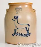 Evan R. Jones, Extremely Rare EVAN R. JONES / PITTSTON, PA Stoneware Jar w/ Slip-Trailed Deer Decoration