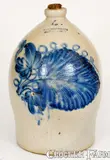 COWDEN & WILCOX / HARRISBURG, PA Stoneware Jug w/ Exceptional Leaf and Floral Decoration by Cowden & Wilcox, circa 1865, Stoneware, sold Nov 2022