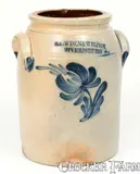 One-Gallon COWDEN & WILCOX / HARRISBURG, PA Stoneware Jar with Floral Design by Cowden & Wilcox, circa 1865, Stoneware, sold Nov 2022