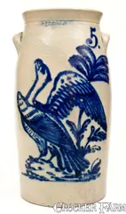 N. Clark & Co., Extraordinary N. CLARK & CO. / ROCHESTER, NY Stoneware Churn w/ Elaborate "Phoenix Bird" Design, circa 1839-1851, Stoneware