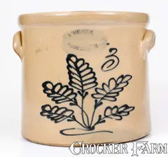 J. Burger, 3 Gal. J. BURGER / ROCHESTER, NY Stoneware Crock w/ Slip-Trailed Foliate Decoration, circa 1885, Stoneware