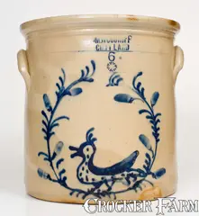 M. Woodruff, Outstanding 6 Gal. M. WOODRUFF / CORTLAND Crock w/ Gooney Bird in Wreath, circa 1867-1869, Stoneware