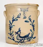 M. Woodruff, Outstanding 6 Gal. M. WOODRUFF / CORTLAND Crock w/ Gooney Bird in Wreath