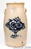 Scarce Six-Gallon J. & E. NORTON / BENNINGTON, VT Stoneware Churn w/ Flowering Urn by J. & E. Norton, circa 1855, Stoneware, sold Nov 2022