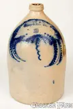 Very Rare J. NORTON & CO / BENNINGTON VT Stoneware Jug w/ Banner Decoration by J. Norton & Co., circa 1860, Stoneware, sold Nov 2022