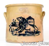 Rare J. & E. NORTON / BENNINGTON, VT Stoneware Crock w/ Cobalt Lion and House Motif by J. & E. Norton, circa 1855, Stoneware, sold Nov 2022