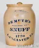 Demuth's Snuff, F. H. COWDEN Stoneware Jar w/ DEMUTH'S SNUFF / LANCASTER, PA Advertising, circa 1880, Stoneware