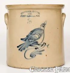 3 Gal. OTTMAN BRO'S & CO. / FORT EDWARD, NY Stoneware Crock w/ Bird Decoration by Ottman Bros. & Co., circa 1880, Stoneware, sold Nov 2022