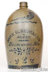 John G. Medinger, Western PA Stoneware Jug with JOHN G. MEDINGER / BALTIMORE, MD Stenciled Advertising, circa 1875, Stoneware