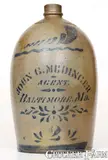 John G. Medinger, Western PA Stoneware Jug with JOHN G. MEDINGER / BALTIMORE, MD Stenciled Advertising, circa 1875, Stoneware