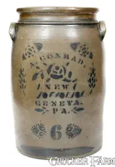 A. Conrad, 6 Gal. A. CONRAD / NEW GENEVA, PA Stoneware Jar w/ Stenciled Rose Decoration, circa 1875, Stoneware