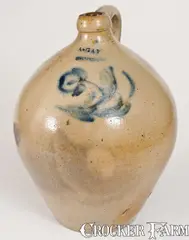 A. GAY / UTICA Ovoid Stoneware Jug w/ Cobalt Floral Decoration by A. Gay, circa 1829, Stoneware, sold Nov 2022