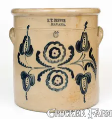 S. T. Brewer, Fine Six-Gallon S.T. BREWER. / HAVANA Stoneware Crock w/ Elaborate Floral Decoration, circa 1853-1859, Stoneware