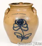 N Clark Jr, N. CLARK JR. / ATHENS, NY Ovoid Lidded Stoneware Jar w/ Slip-Trailed Decoration, circa 1840, Stoneware