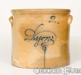 J. Fisher, 2 Gal. J. FISHER / LYONS, NY Stoneware Crock w/ Slip-Trailed "Lyons", fourth quarter 19th century, Stoneware