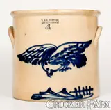 Exceptional 4 Gal. J. & E. NORTON / BENNINGTON, VT Stoneware Crock w/ Bold Flying Hawk Design by J. & E. Norton, circa 1855, Stoneware, sold Aug 2022