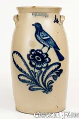 John Burger, Exceptional JOHN BURGER / ROCHESTER, NY Stoneware Churn w/ Elaborate Songbird Decoration, circa 1860, Stoneware