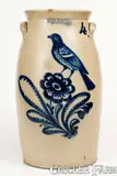 John Burger, Exceptional JOHN BURGER / ROCHESTER, NY Stoneware Churn w/ Elaborate Songbird Decoration, circa 1860, Stoneware