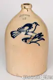 Rare J. & E. NORTON / BENNINGTON, VT Stoneware Jug with Cobalt Bird-on-Branch Decoration by J. & E. Norton, circa 1855, Stoneware, sold Aug 2022