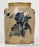 Fine COWDEN & WILCOX / HARRISBURG, PA Stoneware Jar w/ Elaborate Cobalt Floral Decoration by Cowden & Wilcox, circa 1865, Stoneware, sold Aug 2022