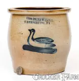 Scarce COWDEN & WILCOX / HARRISBURG, PA Stoneware Jar w/ Cobalt Swan Decoration by Cowden & Wilcox, circa 1865, Stoneware, sold Aug 2022