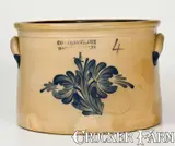 Scarce Four-Gallon COWDEN & WILCOX / HARRISBURG, PA Stoneware Cake Crock by Cowden & Wilcox, circa 1865, Stoneware, sold Aug 2022